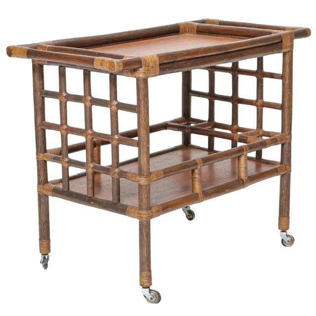 Coastal Vintage Bamboo and Rattan Trolley Bar Cart For Sale - Image 3 of 9