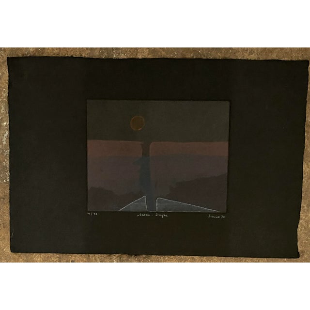 1980 color landscape etching titled "Moonscape." Printed on black paper, signed and titled from an edition of 40. Image...