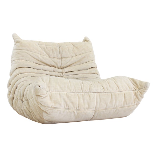 Vintage Togo Chair in Beige Velvet by Michel Ducaroy for Ligne Roset, 1980s For Sale