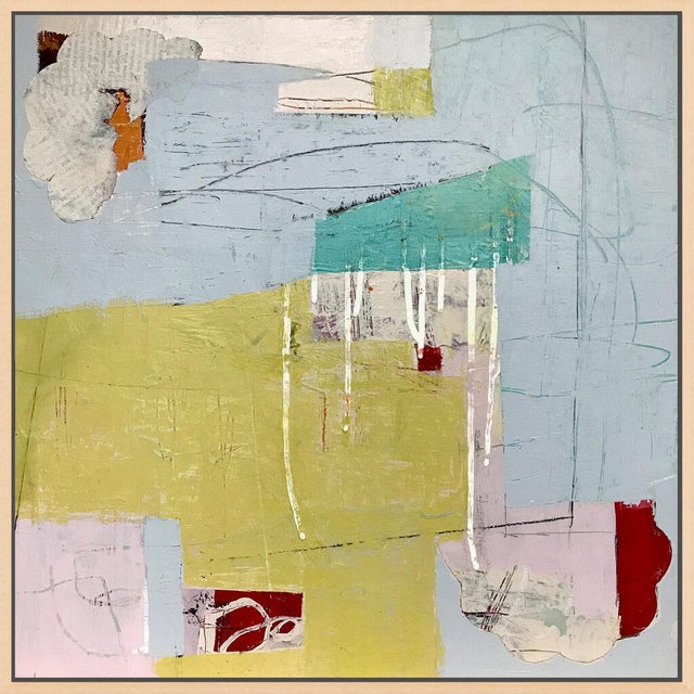 A broad block of mustard yellow sits against a pale blue-gray field, with teal drips, paper collage elements and tiny red...