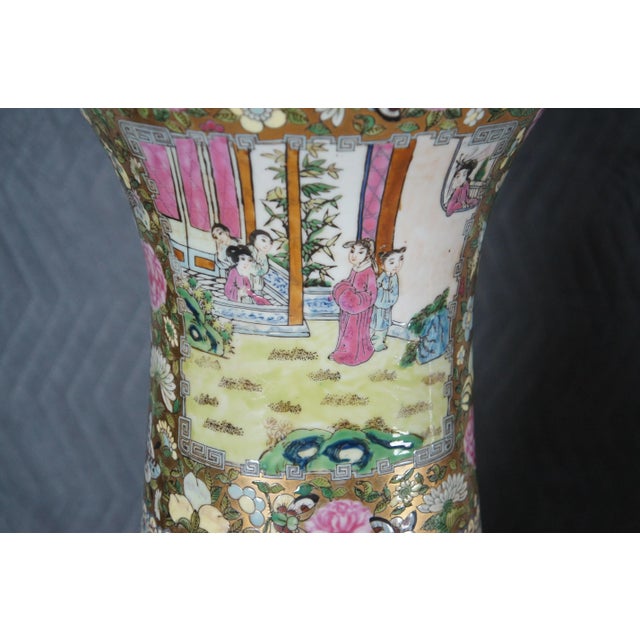 Late 19th Century Pair of Antique Chinese Porcelain Canton Famille Rose Palace Urns Vases 53" For Sale - Image 5 of 12