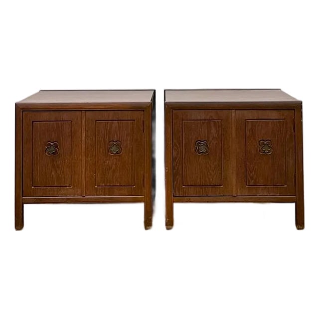 Pair of Vintage MCM Transitional Mersman Clover Walnut End Tables W/ Cabinet For Sale