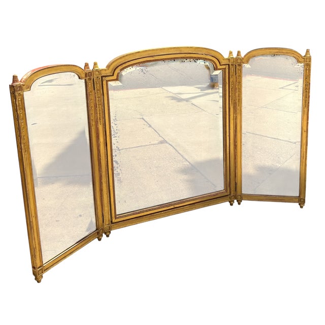 Antique Louis XVI Style Giltwood Tryptic Vanity Table Mirror.