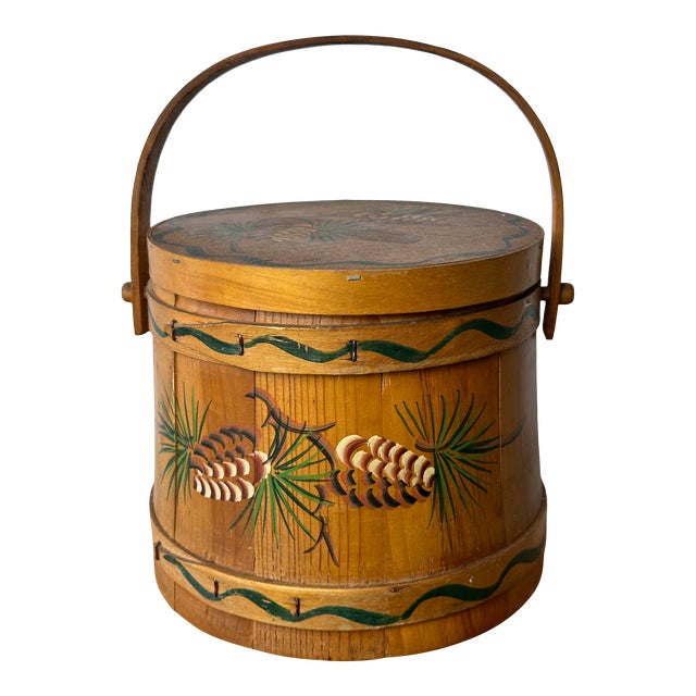 Vintage Firkin Sugar Bucket Hand-Painted Pinecones For Sale