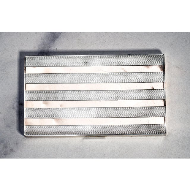 Art Deco Exceptional Art Deco Engine Turned Antique 14k Gold Stripe Sterling Silver Cigarette Card Case For Sale - Image 3 of 14