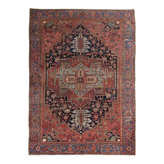 Antique Persian Heriz Carpet Handmade Wool Oriental Rug, Rust, Navy, Light Blue For Sale