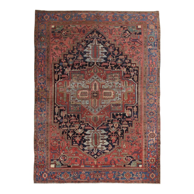 Antique Persian Heriz Carpet Handmade Wool Oriental Rug, Rust, Navy, Light Blue For Sale