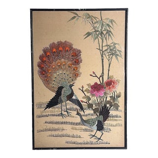 Antique Chinese Silk Embroidery Panel With Peacocks, Peonies, and Bamboo For Sale