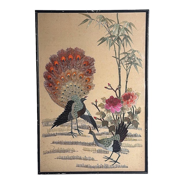 Antique Chinese Silk Embroidery Panel With Peacocks, Peonies, and Bamboo For Sale