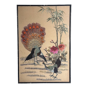 Antique Chinese Silk Embroidery Panel With Peacocks, Peonies, and Bamboo