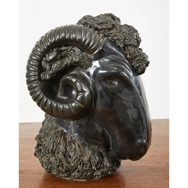 Mid 20th Century Pair of Neoclassical Style Jade Rams Head Pottery Sculptures For Sale - Image 5 of 13