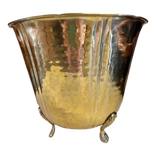 Vintage Hammered Brass Ice Bucket With Lion Paw Tripod Feet For Sale