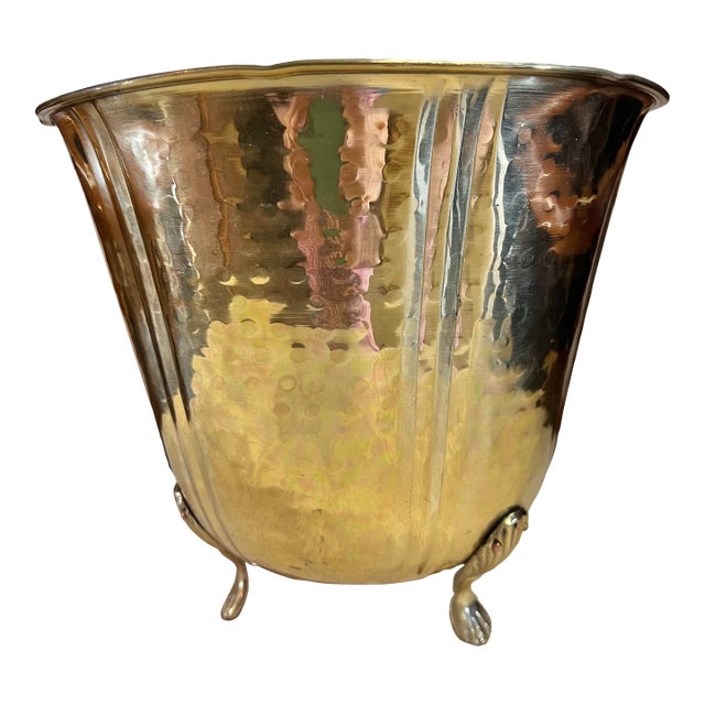 Vintage Hammered Brass Ice Bucket With Lion Paw Tripod Feet For Sale