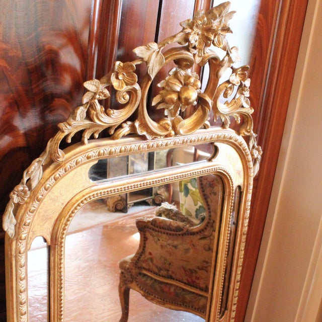 Wood Large French Louis Philippe Style Mirror With Borderglass Surround and Crest For Sale - Image 7 of 18