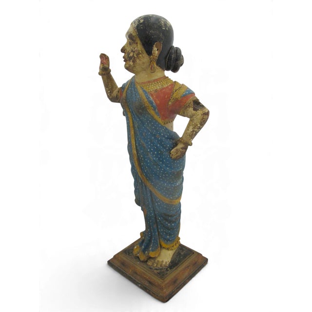 Indian Indian Hindu Female Attendant Abhaya Mudra Carved Wood Folk Art Statue For Sale - Image 3 of 12