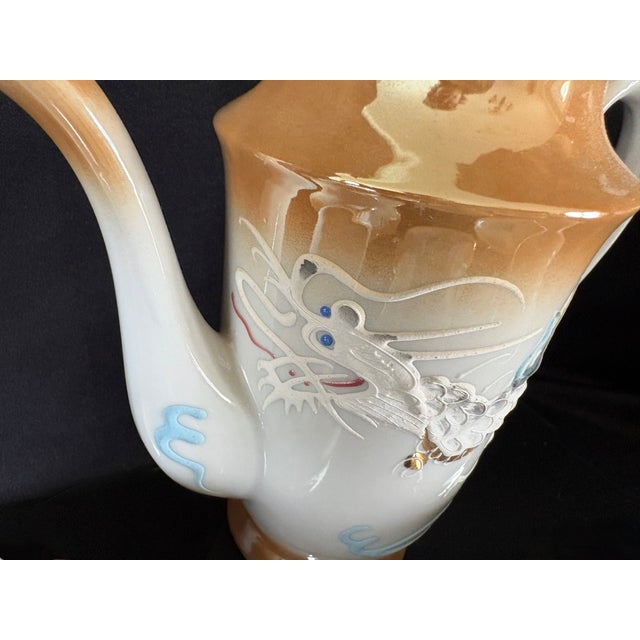 Asian Antique Dragon Tea Set Lusterware Made in Japan, Teapot With 6 Cups and Saucers, Hand Painted For Sale - Image 3 of 11