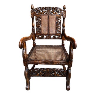 Antique English Arm Chair Carved Oak Cane Seat Renaissance Cherubs Fireside For Sale