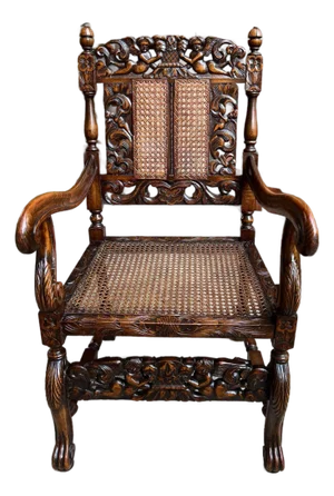 Antique English Arm Chair Carved Oak Cane Seat Renaissance Cherubs Fireside
