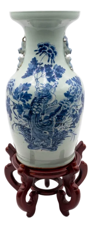 Chinese Blue & White Porcelain Asian Vase on Wood Base