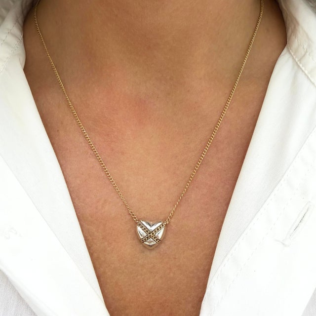 Gold Tiffany & Co. Cross My Heart 18k Yellow Gold Silver Two-Tone Pendant Necklace For Sale - Image 8 of 8