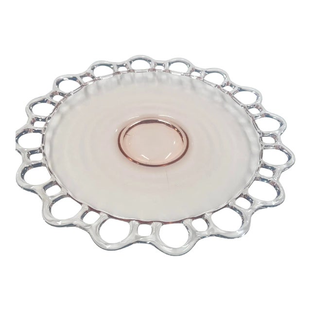 Vintage Pale Pink Depression Glass Cake/Serving Platter With Scalloped/Lace Open Work Edge For Sale