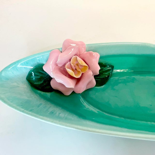 1940s Art Deco Boho Chic Usa Pottery Oblong Trompe L’Oeil Rose Serving Dish. For Sale - Image 10 of 10