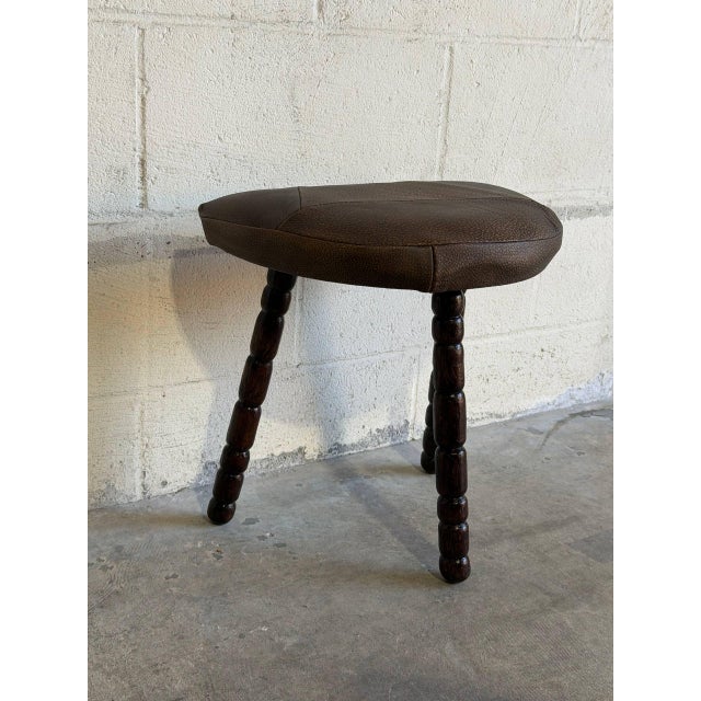 Animal Skin Three-Leg Brown Leather Ottoman Footstool Danish Mid-Century Modern 1970s For Sale - Image 7 of 8