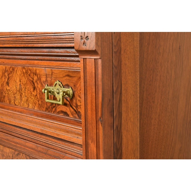 Herter Brothers Style Antique Eastlake Victorian Carved Walnut and Burl Wood Highboy Dresser, Circa 1880s For Sale - Image 11 of 17