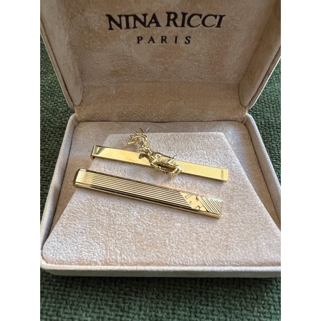 Vintage Nina Ricci Set 2 Gold-Tone Tie Clips With Logo Circa "1980" Original For Sale - Image 12 of 18