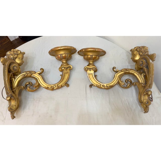 Large Antique Ornate Carved Italian Gilt Wood Cherub Wall Sconce Fixtures - a Pair For Sale - Image 11 of 18