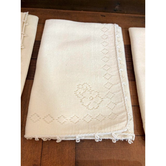 Vintage 1970’s Hand Sewn Lace Crochet Loop, Diamond, Flower Pattern Trim Off White Napkins—Set of 8 For Sale - Image 12 of 12