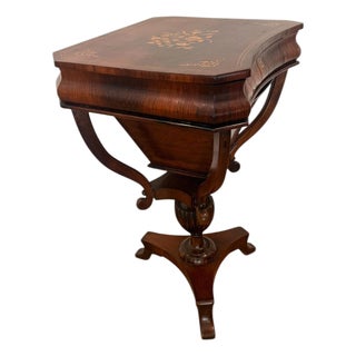 Early 20th Century Inlaid Mahogany Federal Style Sewing / Work Table With Lyre Base For Sale