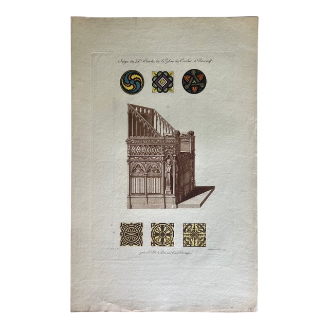 Mid 19th Century Etching Reproduction of a XV Century Church Bench by Nicolas Xavier Willemin For Sale