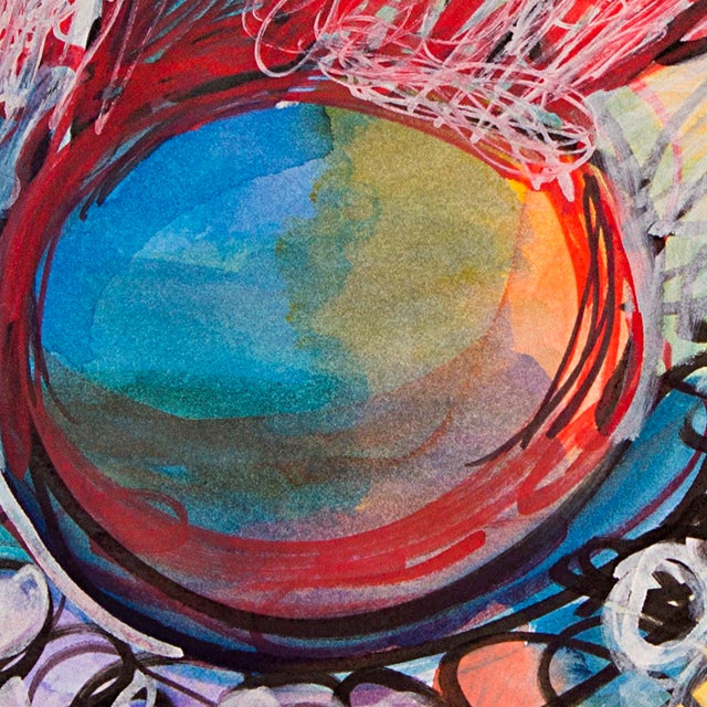 Blue White Flower – Abstract Circular Composition With Dynamic Linework in Oil Markers and Acrylics on Paper – 18 X 24 In For Sale - Image 8 of 9