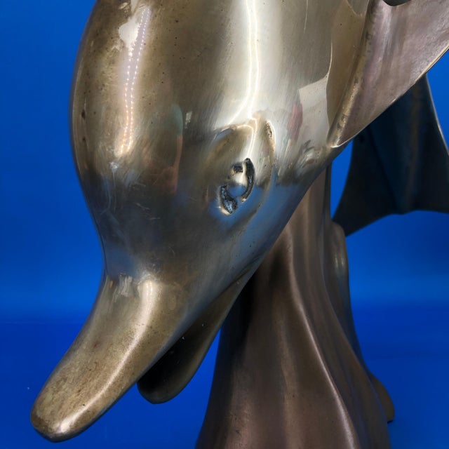 Brass Mid 20th Century Large Mid Century Brass Jumping Dolphin Sculpture For Sale - Image 8 of 9