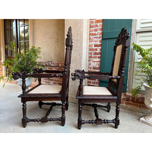 Pair Antique French Arm Chairs Dining Renaissance Carved Oak Bird Black Forest For Sale - Image 11 of 12
