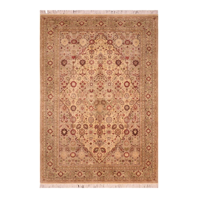 Shabby Chic 1990's Pak-Persian Beige/Green Wool Rug - 6'0'' X 9'2'' For Sale