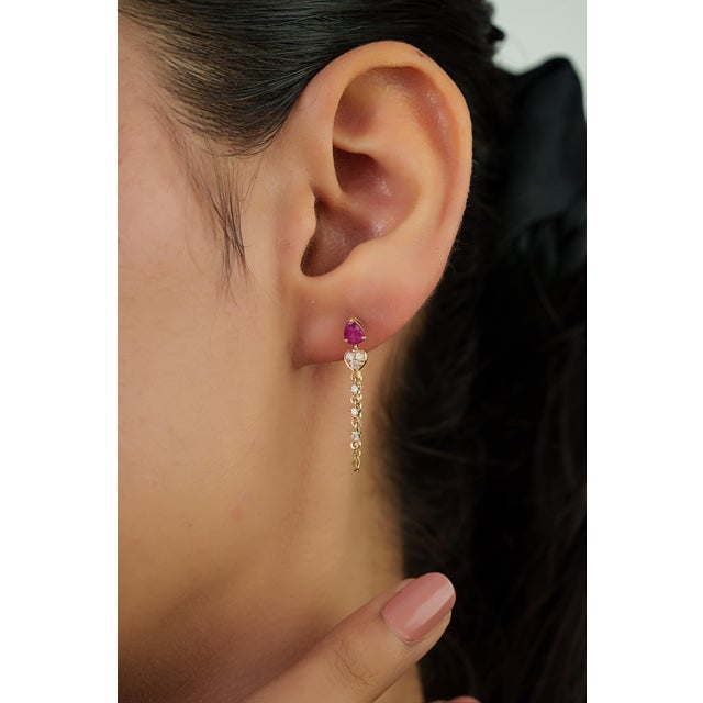 Ruby Red Contemporary Pear Cut Red Ruby & Diamond Chain Earrings in 14k Yellow Gold- A Pair For Sale - Image 8 of 13