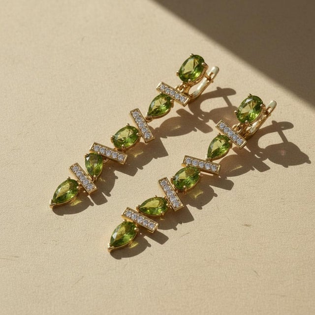 Green Modern Geometric Peridot Drop Earrings, Silver, Gold, Pair For Sale - Image 8 of 8
