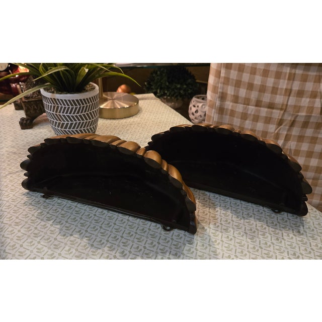Pair of 70's brown/bronzy wall mount wall pockets or planters with ribbed design scalloped edges. Can use indoors or...