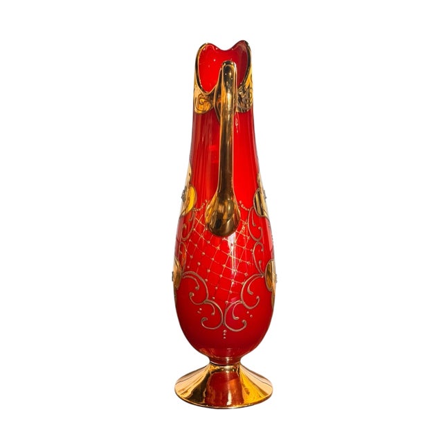Mid 20th Century Bohemian Hand-Enameled Cased Glass Pitcher & Goblet Set With Ornate Gold Overlay - 7 pcsc For Sale In Austin - Image 6 of 11