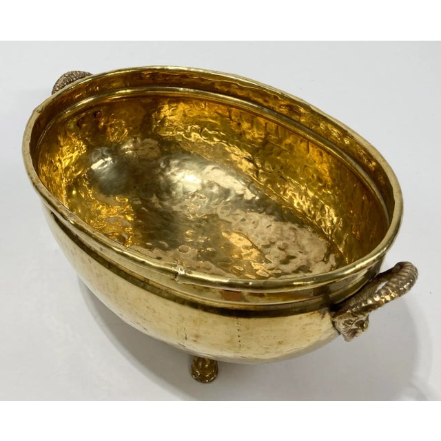 Metal Vintage Footed Hammered Brass Bowl W/ Lion Head Handles For Sale - Image 7 of 8