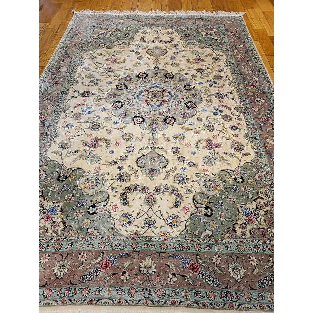 Cream Vintage Persian Tabriz Rug, Hand-Knotted Wool & Silk, Fine Floral Pattern, Ivory & Taupe, 7x10 For Sale - Image 8 of 18