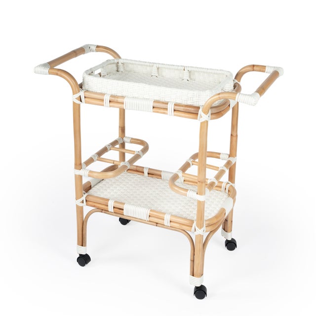 Selena 34.5 in. W Rectangular Rattan 2 Tier Mobile Removeable Top Bar Cart with Bottle Holders, Smooth White For Sale - Image 9 of 9