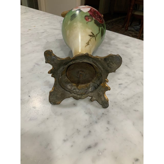 Pair Antique Hand‑Painted Porcelain & Brass Mantel Ewers / Garniture / Roses Motif For Sale - Image 9 of 10