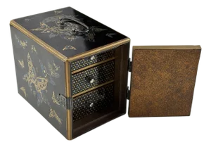 Early 20th Century Antique Meiji Period Japanese Kodansu Miniature Lacquer Cabinet With Raden, Hyomon & Maki-E Inlay