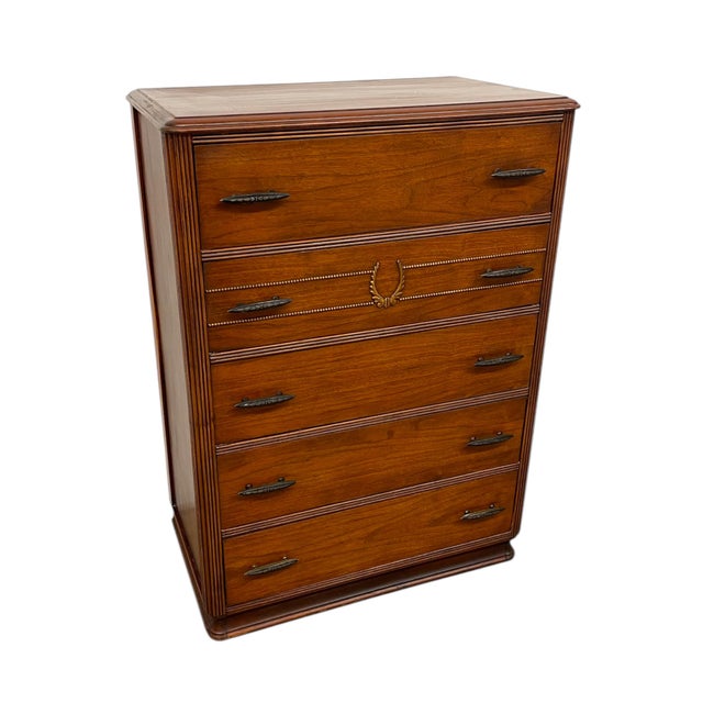 Vintage Mid-Century Highboy Dresser by John Stuart-Five-Drawer Chest With Carved Laurel Detail For Sale - Image 4 of 11