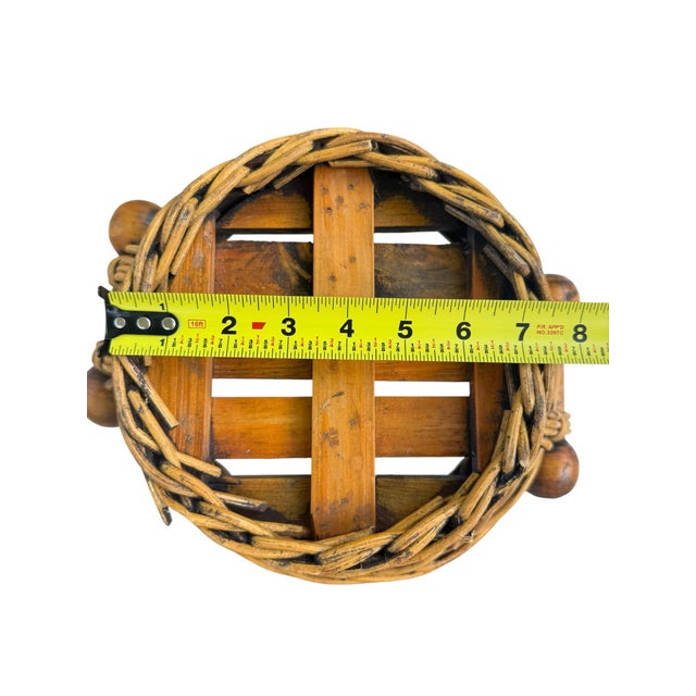 Vintage Wicker Basket With Turned Wood Double Ball Finial Handles - Boho Coastal Folk Art For Sale In Cleveland - Image 6 of 11