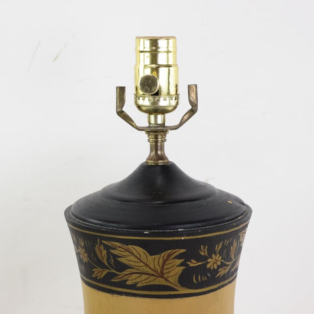 Wood Vintage Hand Painted Table Lamp Mustard Yellow Country Landscape With Bridge and Foliage Motif For Sale - Image 7 of 12