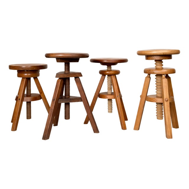 Vintage Wooden Screw-On Stools, 1970, Set of 4 For Sale